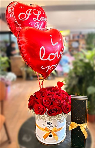 25 Gül, 2 Büyük boy helyum gazlı love balon, Çikolata kutusu