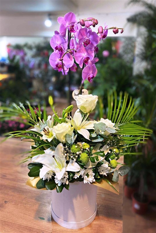 lila-orkide-arajmani--beyaz-guller-ve-lilyumlar