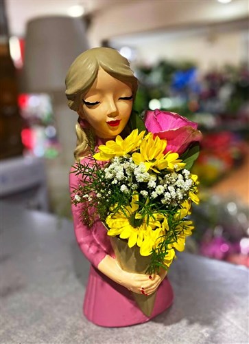 Döküm Biblo Vazo ve Canlı Çiçekler (Bienal Serisi 023)