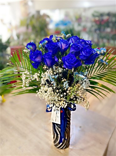 Gece Mavisi Cam Vazolu 11 Mavi Gül