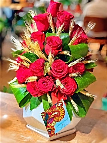 Kübik Seramik Saksılı Canlı Gül Arajmanı