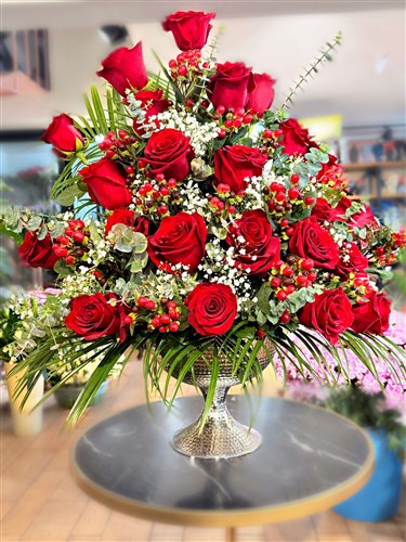 Özel Gümüş Tasarımlı Canlı Gül Arajmanı (Yükseklik 75 cm.)