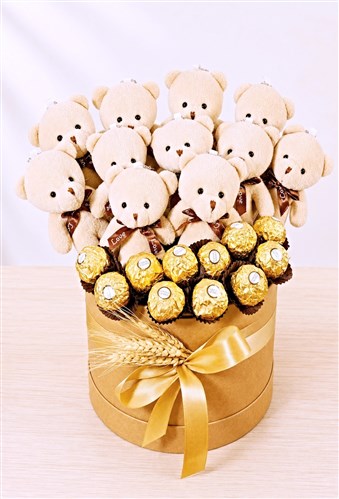 Silindir Kutuda 11 Kahverengi Peluş Ayıcık & Ferrero Çikolata Topları