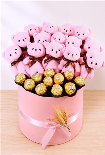 Silindir Kutuda 14 Pembe Peluş Ayıcık & Ferrero Çikolata Topları
