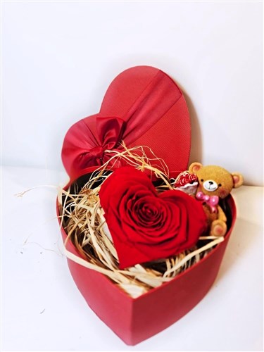 Kalp Solmayan Gül ve Ayıcık (Özel Kalp kutusunda Büyük Boy)