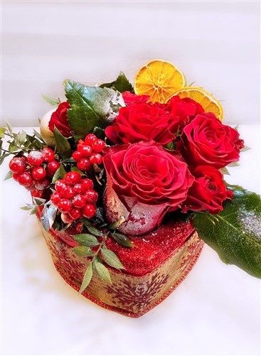 New Year Arrangement of Fresh Roses and Kokina in a Ceramic Pot