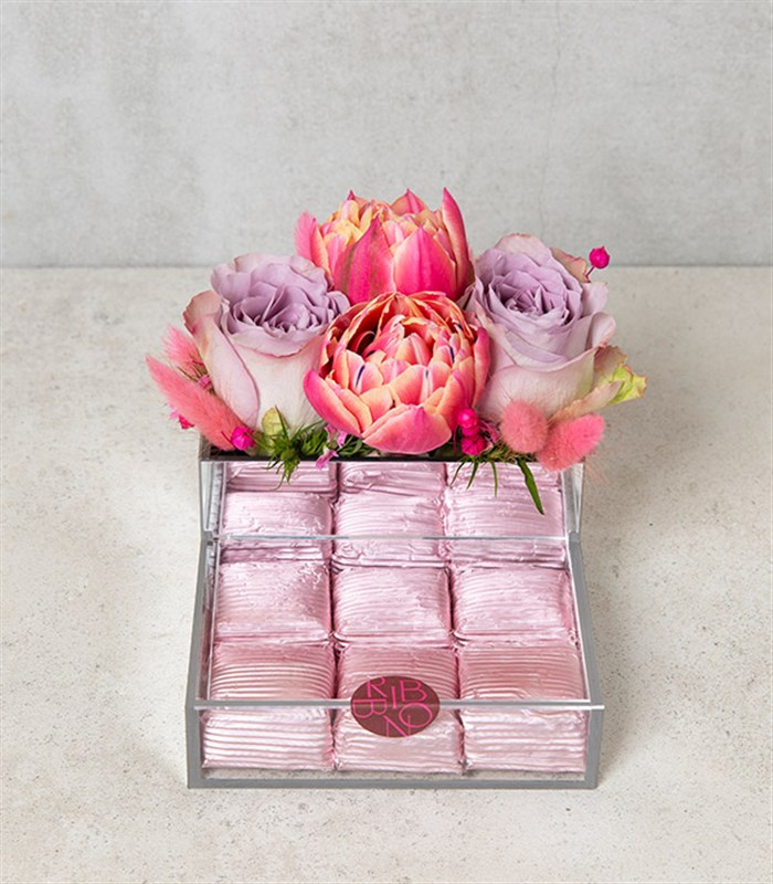 Pembe Lila Çiçekli Çikolata Mini Tepsi