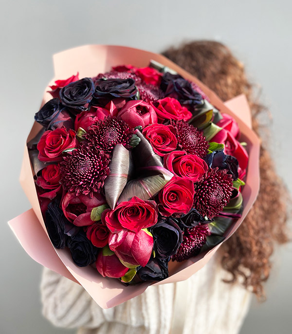Moulin Rouge Burgendy Peony Black Roses Bouquet Limited Edition