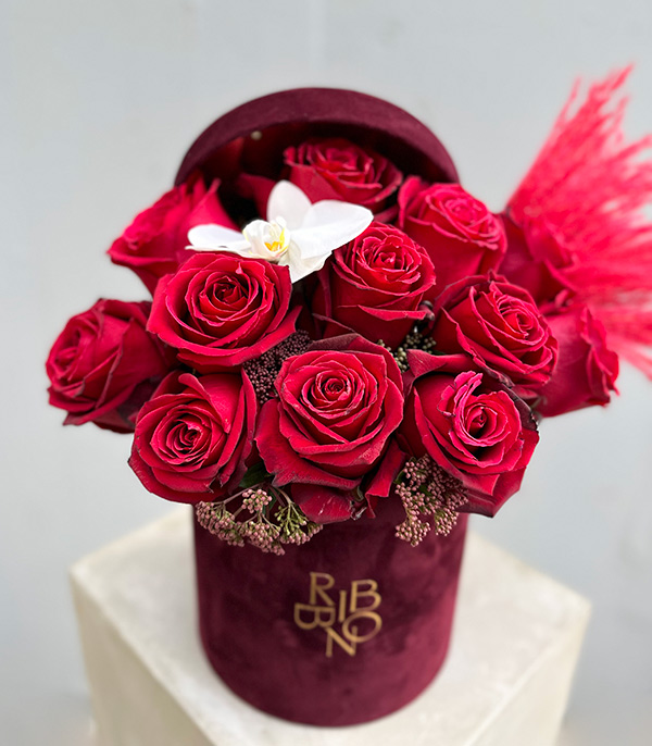 Valentine Deluxe Red Rose Arrangement in Burgundy Box