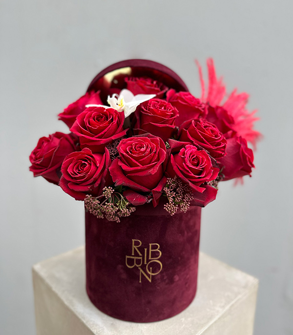 Valentine Deluxe Red Rose Arrangement in Burgundy Box