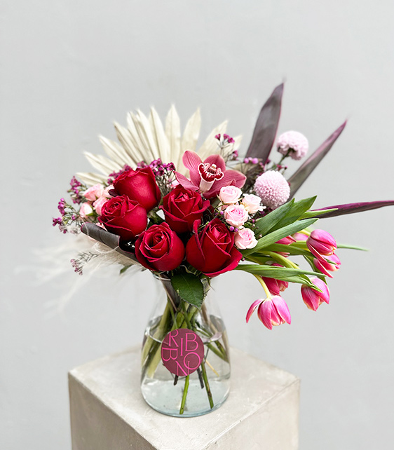 Her Vase Deluxe Red Rose Pink Tulip Arrangement