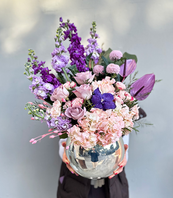 Fall in Love Deluxe Pink Purple Arrangement in Silver Vase