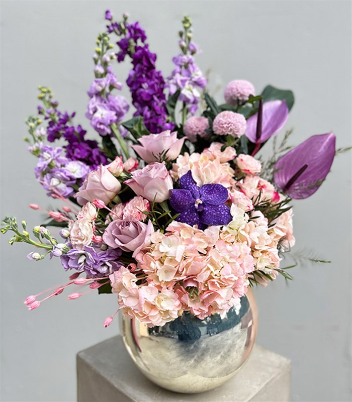 Fall in Love Deluxe Silver Vazoda Pembe Ortanca Mor Lila Aranjman