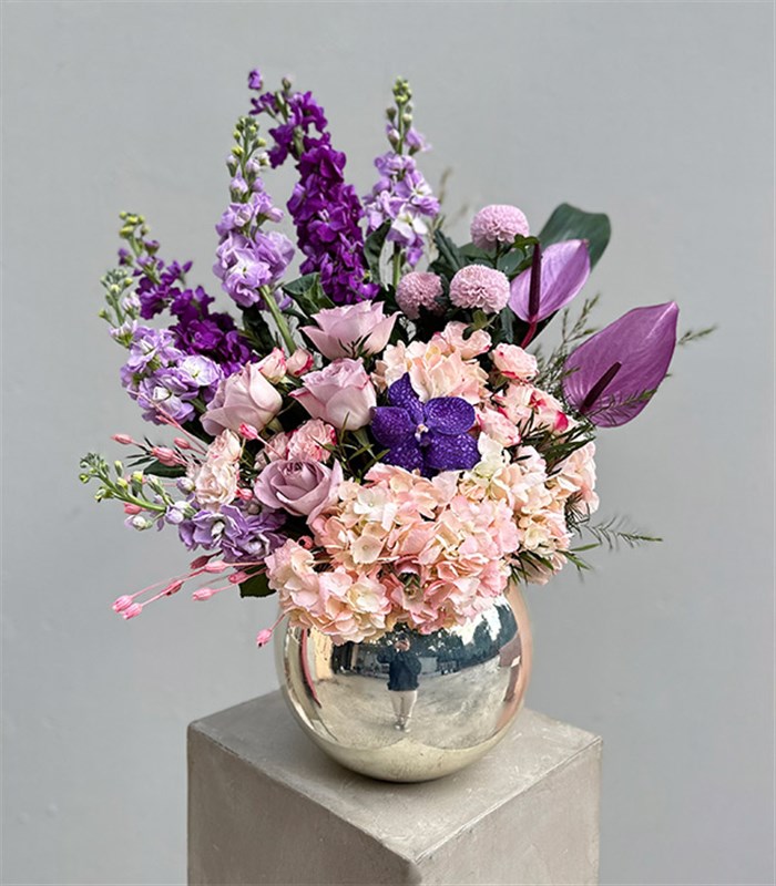 Fall in Love Deluxe Silver Vazoda Pembe Ortanca Mor Lila Aranjman