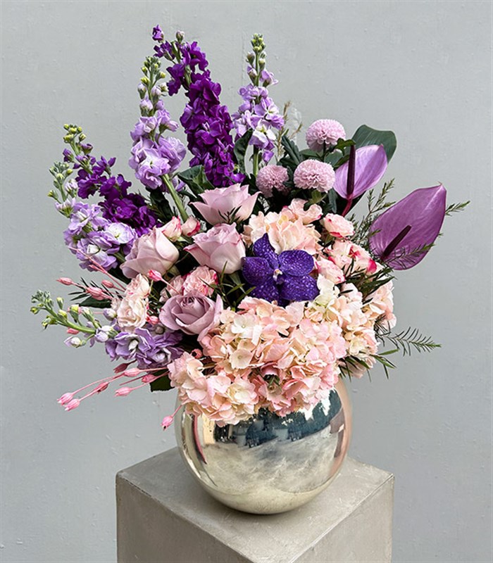 Fall in Love Deluxe Silver Vazoda Pembe Ortanca Mor Lila Aranjman