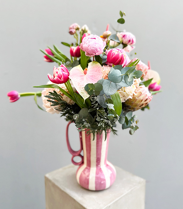 Heartfelt Rose Handmade Ceramic Pitcher Vase in Peonies Proteas