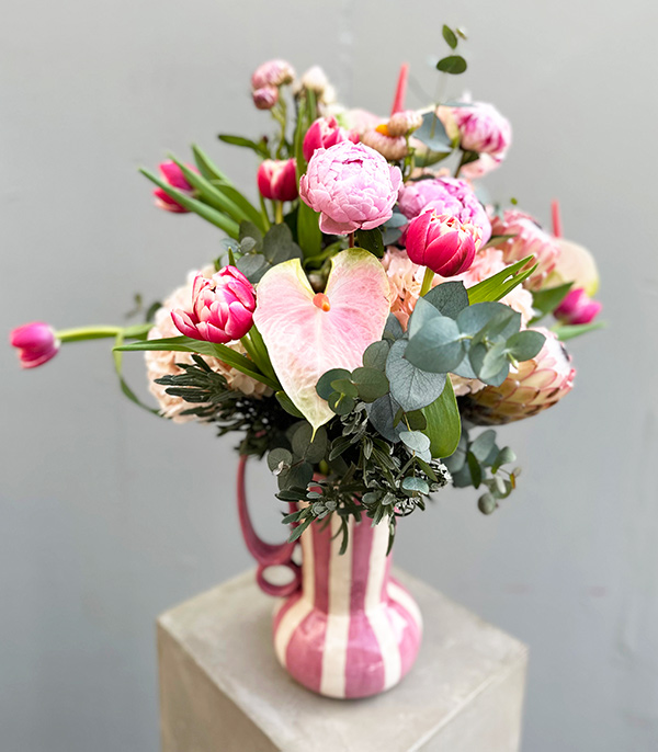 Heartfelt Rose Handmade Ceramic Pitcher Vase in Peonies Proteas