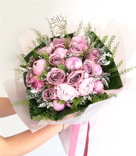 Ophelia Deluxe 10 Pembe Şakayık 10 Lila Gül Buketi