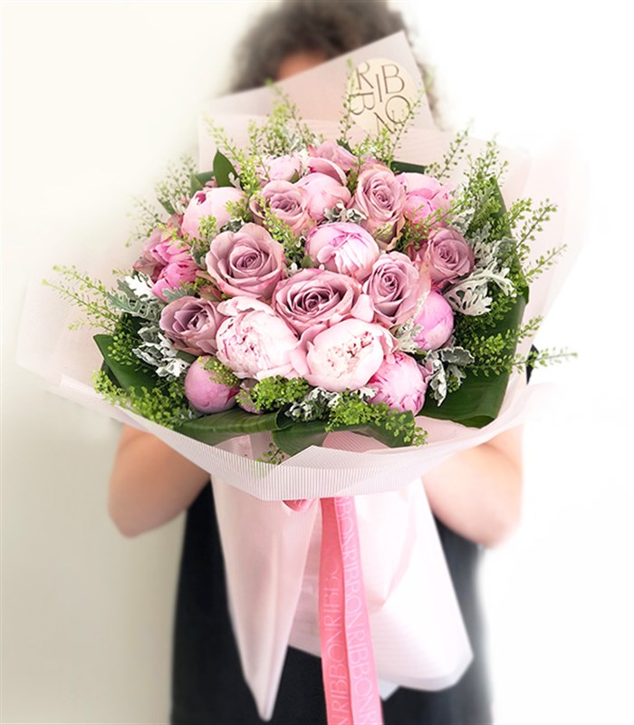 Ophelia Deluxe 10 Pembe Şakayık 10 Lila Gül Buketi