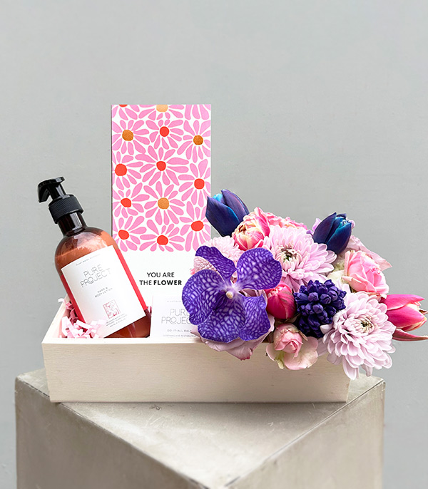 Pure Project Lotion & Balm Pink Flowers Wooden Gift Box