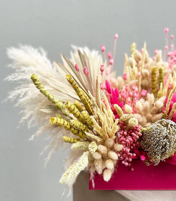 Emily Fucshia Leather Box in Dried Flower