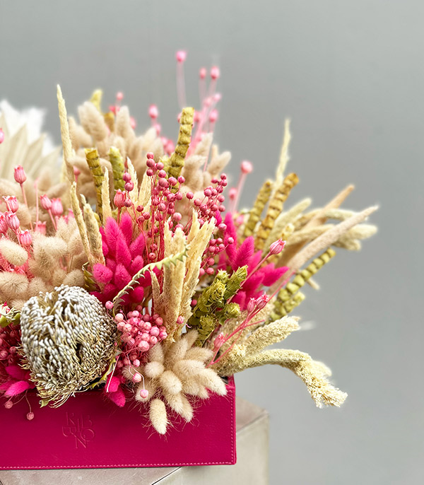 Emily Fucshia Leather Box in Dried Flower
