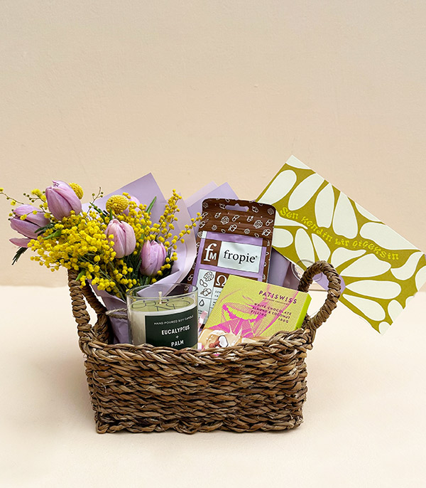 Lilac Tulip Mimosa Gift in Basket