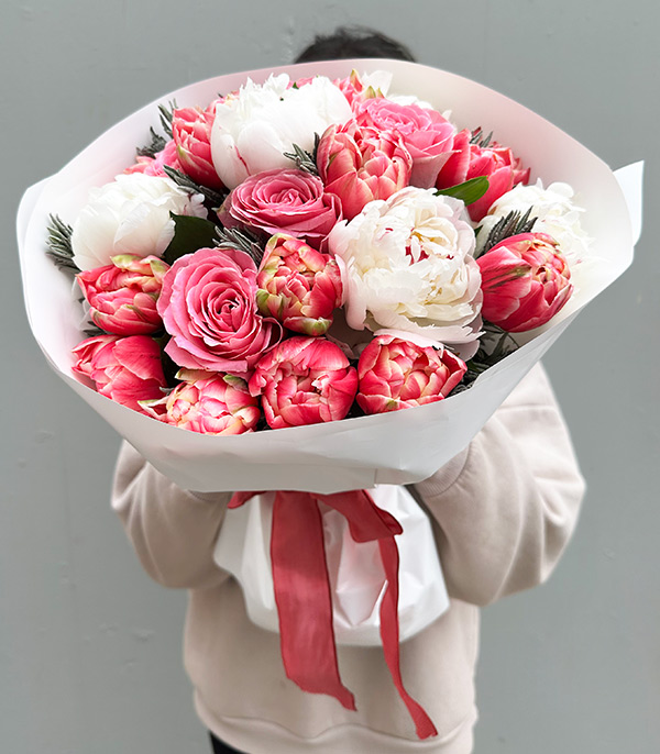 Bubble Gum Pink Tulip Rose White Peony Bouquet
