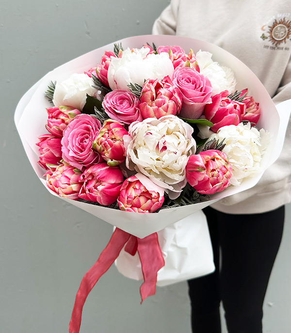 Bubble Gum Pink Tulip Rose White Peony Bouquet