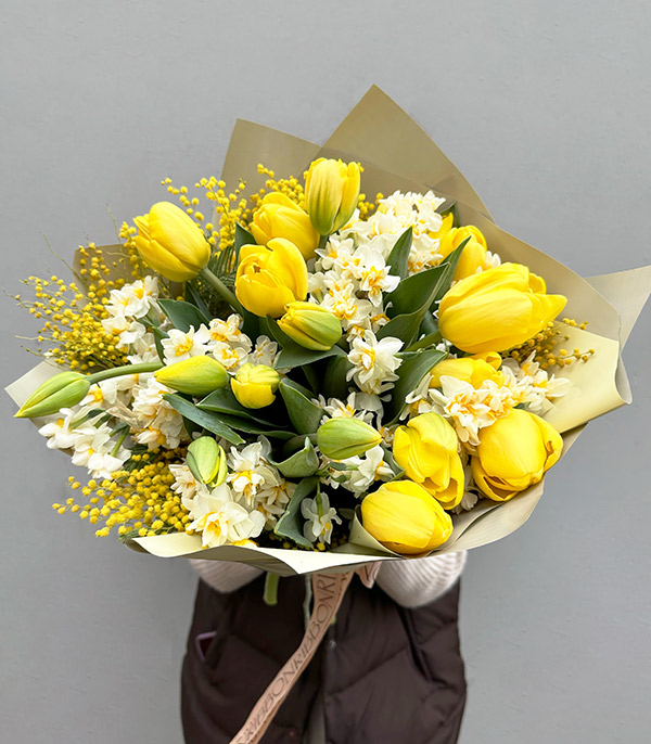 Lenora Yellow Tulip Mimosa Daffodil Bouquet