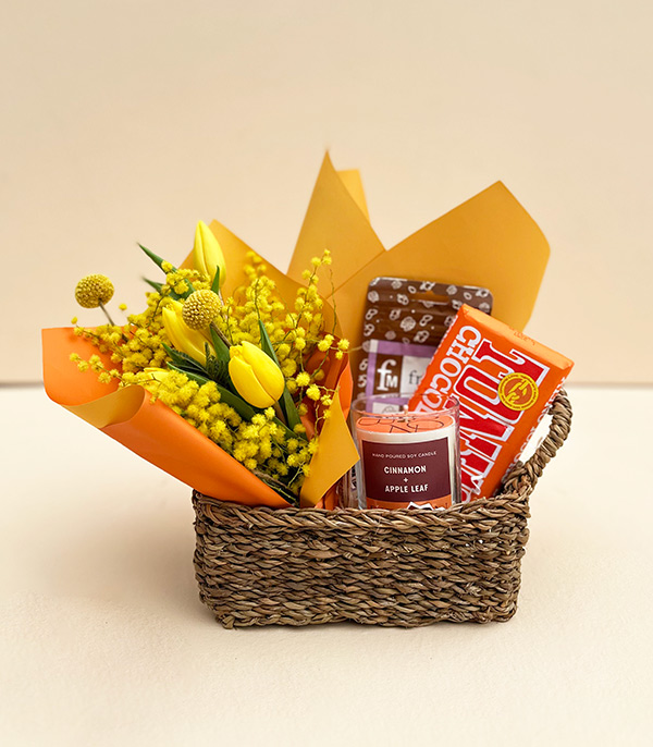 Yellow Tulip Mimosa Gift in Basket
