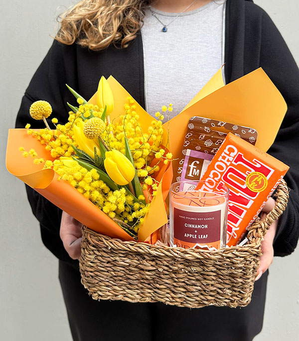 Yellow Tulip Mimosa Gift in Basket