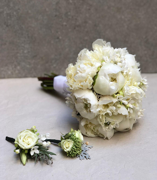 Annemarie White Peony Bridal Bouquet & Boutonniere