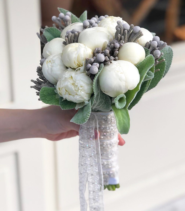 Darlene White Peony Bridal Bouquet & Rose Boutonniere