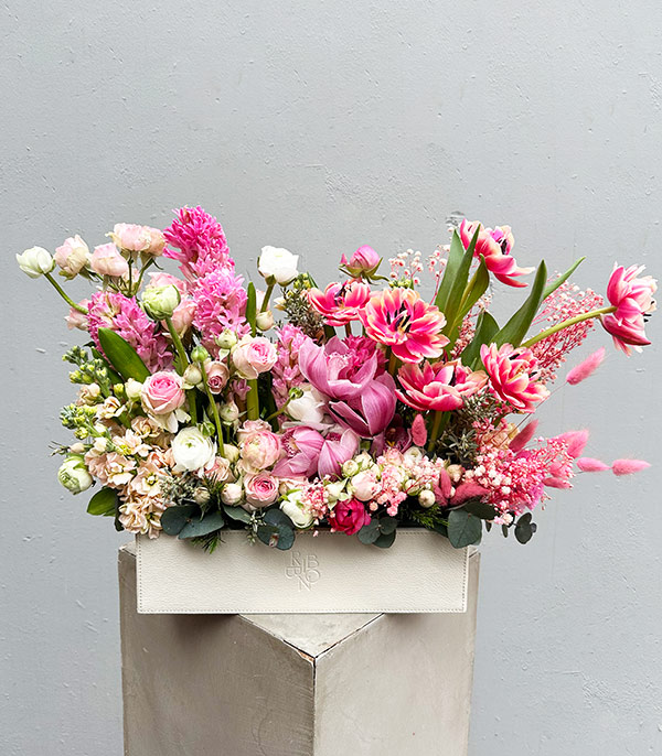 Edna Cream Leather Box in Pink Flowers Arrangement