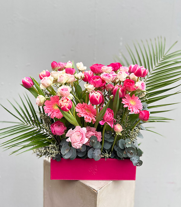 Shay Fuchsia Leather Box in Pink Flowers Arrangement