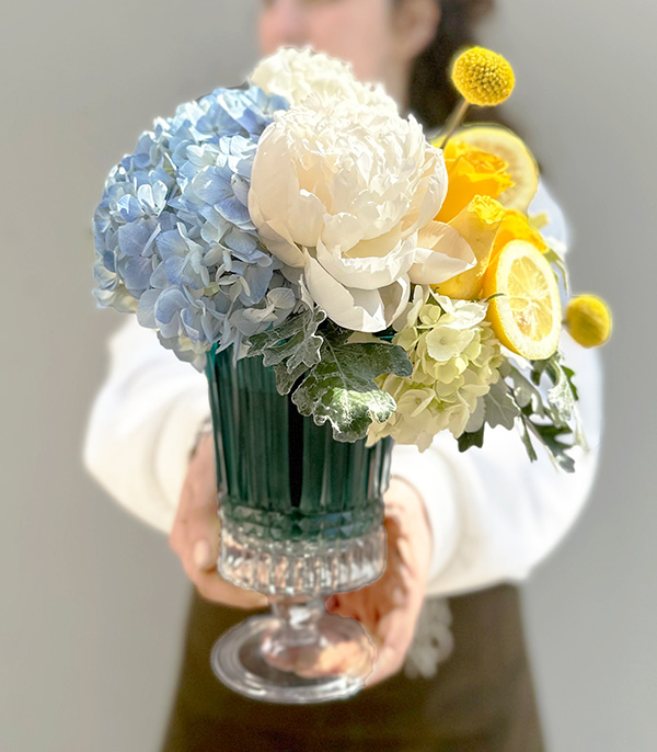 Santorini Blue Crystal Vase White Peony Blue Hydrangea