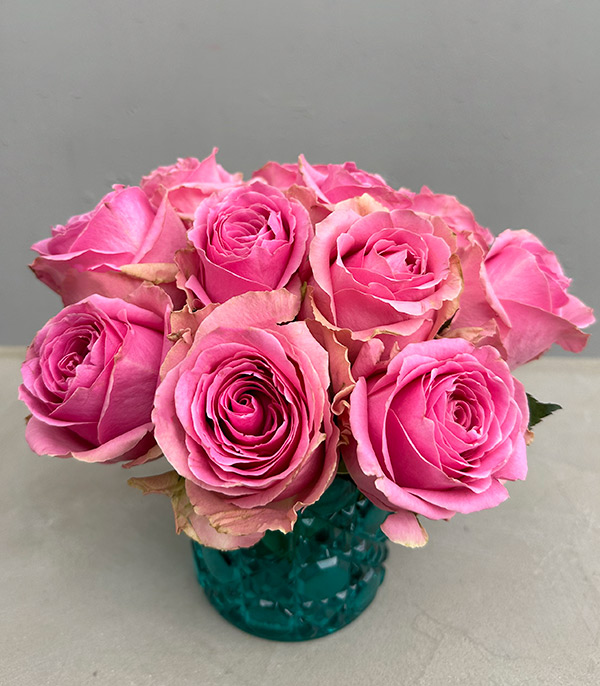 Vanessa Pink Roses in Blue Crystal Vase