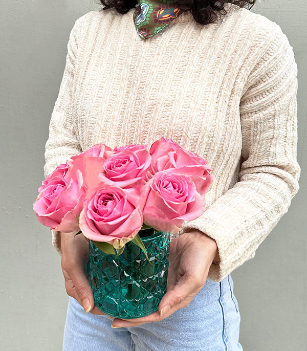 Vanessa Pink Roses in Blue Crystal Vase