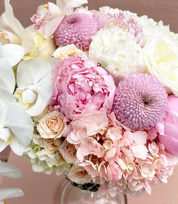 Pink White Flowers Arrangement in Crystal Vase
