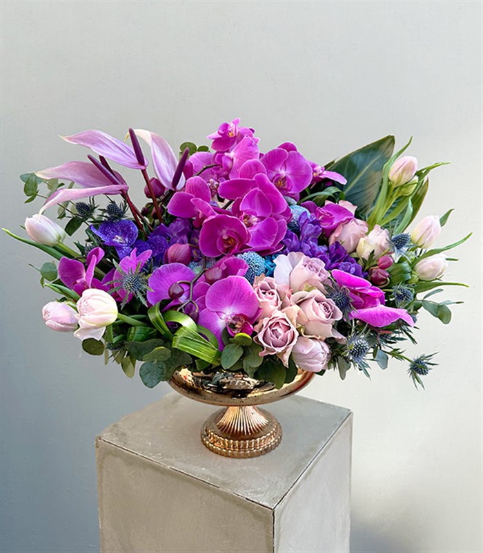 Novella Bakır Vazo Lila Mor Çiçekler