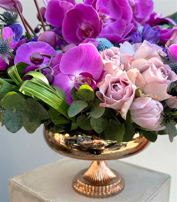 Novella Bakır Vazo Lila Mor Çiçekler