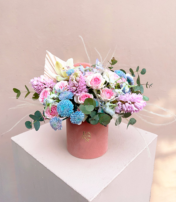 Fairy Tale Pink Hyacinth Blue Chrysanthemum Flower in Mini Box