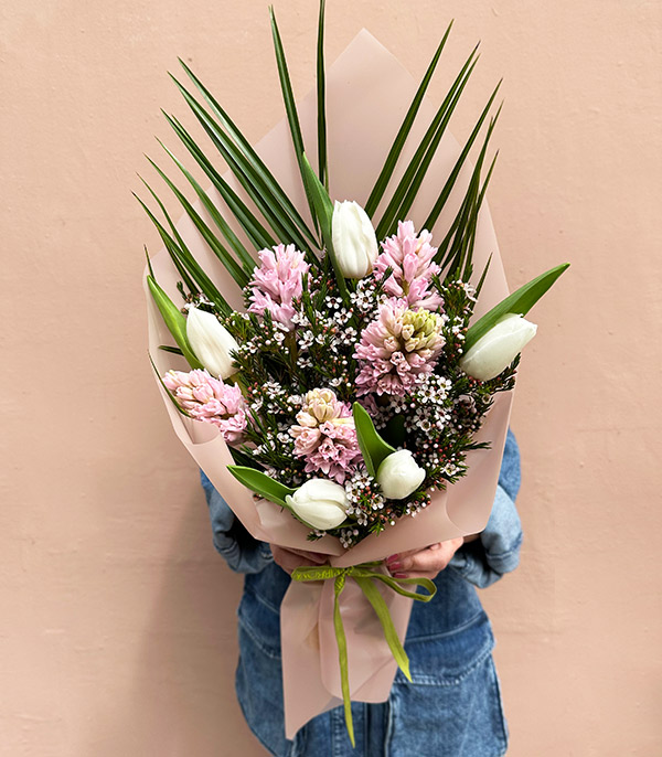 Franny White Tulip Pink Hyacinth Bouquet