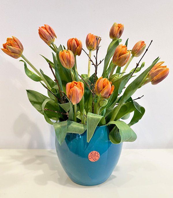 Orange Tulips in Blue Porcelain Vase