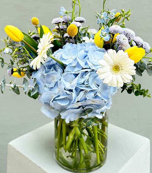 Aqua Blue Hydrangea Yellow Tulips Vase Arrangement
