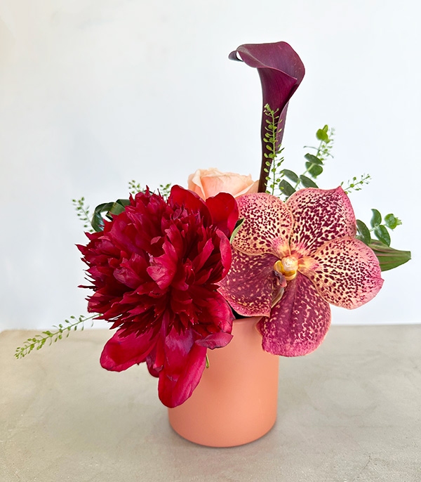 Peony and Orchid in Tiny Salmon Vase