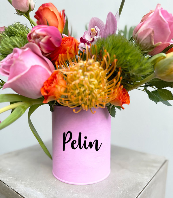 Pink Custom Name Vase in Summer Flowers