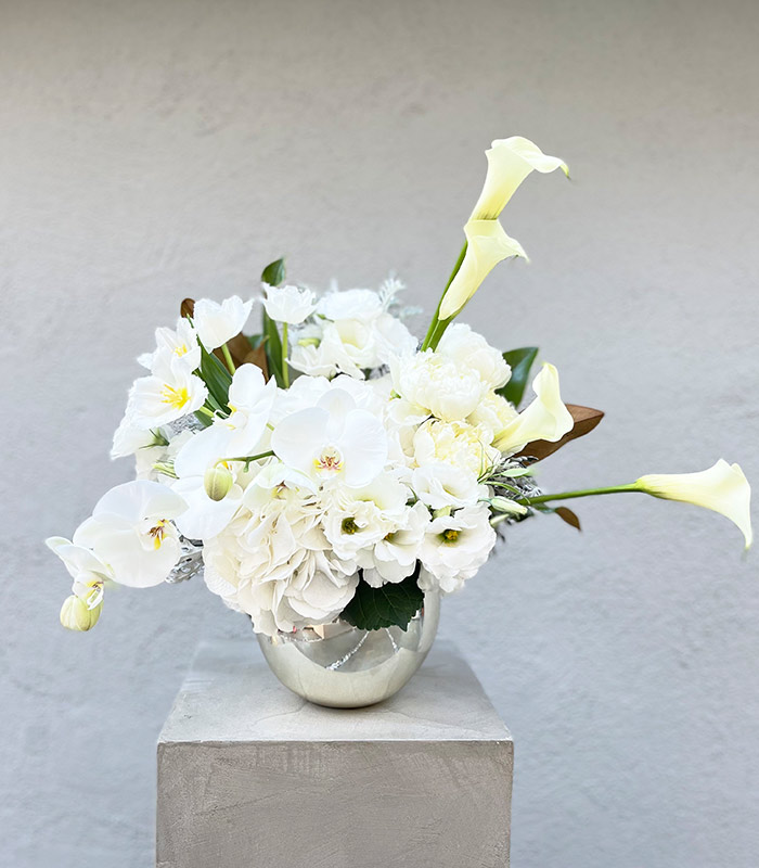 Jadore White Hydrangea Peony Gala Silver Vase Arrangement