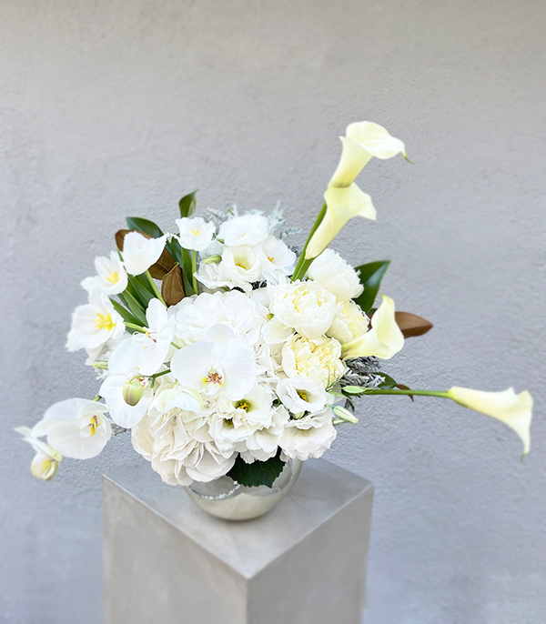 Jadore White Hydrangea Peony Gala Silver Vase Arrangement